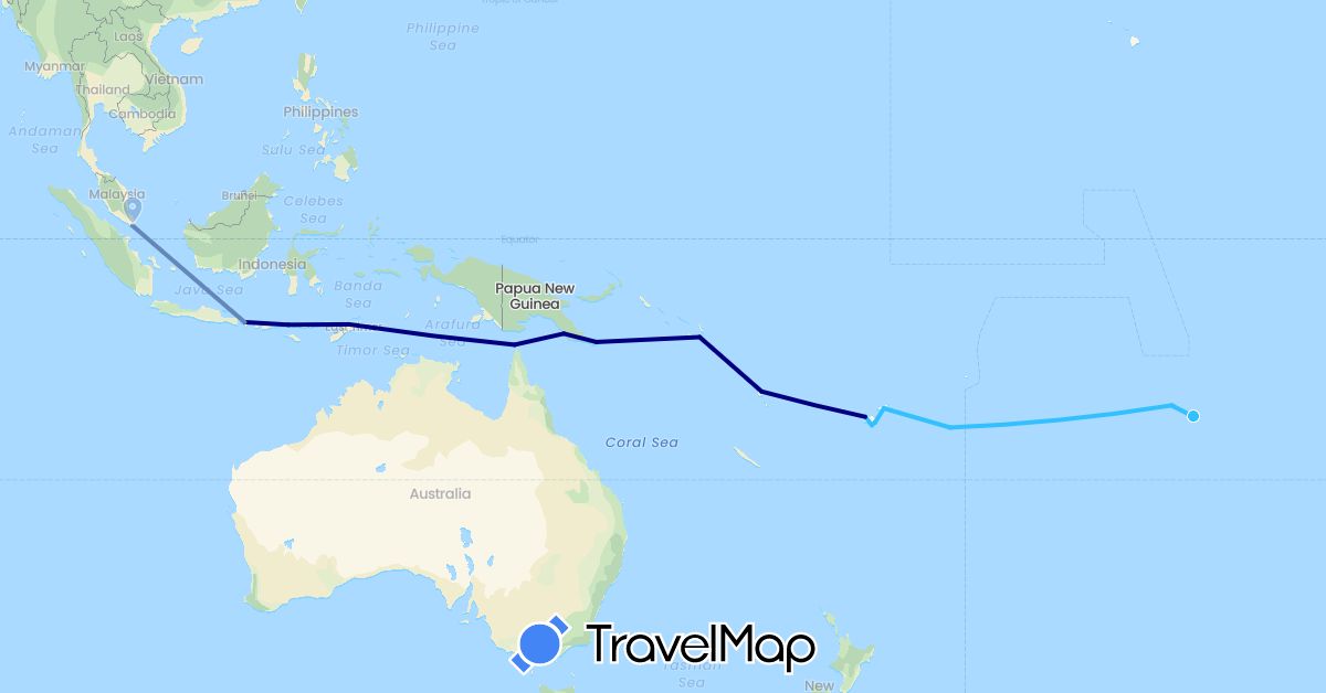 TravelMap itinerary: driving, cycling, boat in Australia, Fiji, France, Indonesia, Papua New Guinea, Solomon Islands, Singapore, East Timor, Tonga, Vanuatu (Asia, Europe, Oceania)